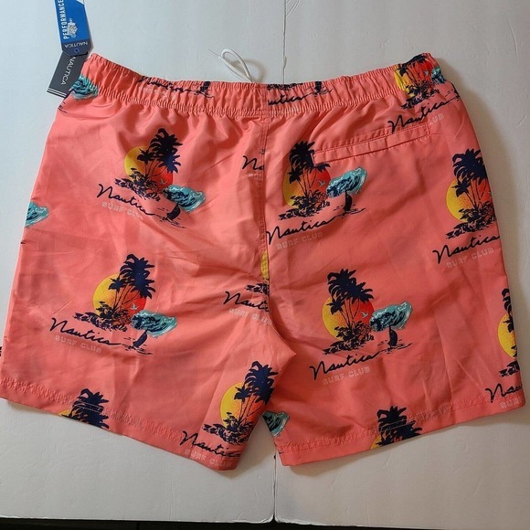 NAUTICA Mens 2XL Island Print Swim Trunks Pale Coral Tropical Palm Trees NEW - Picture 3 of 3